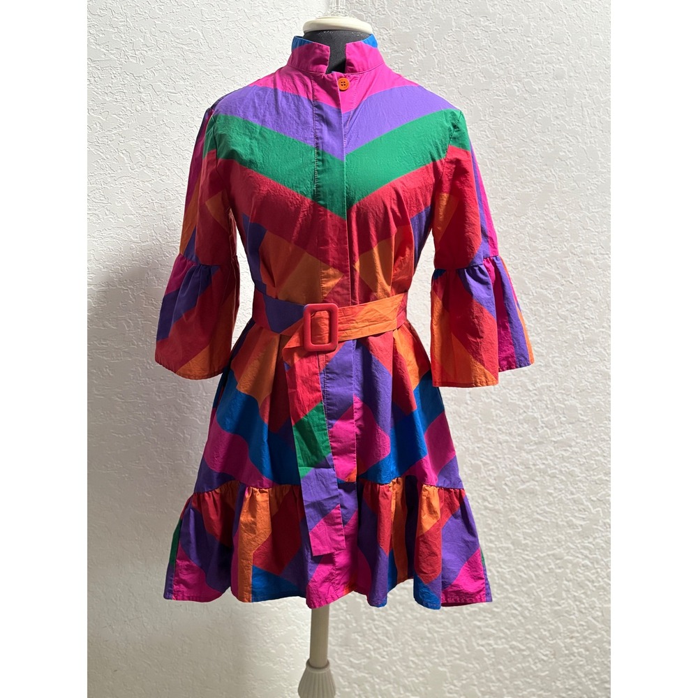 Farm Rio Rainbow Chevron Mini Dress Multi Color Ruffle Sleeve Belted SN 295672 S